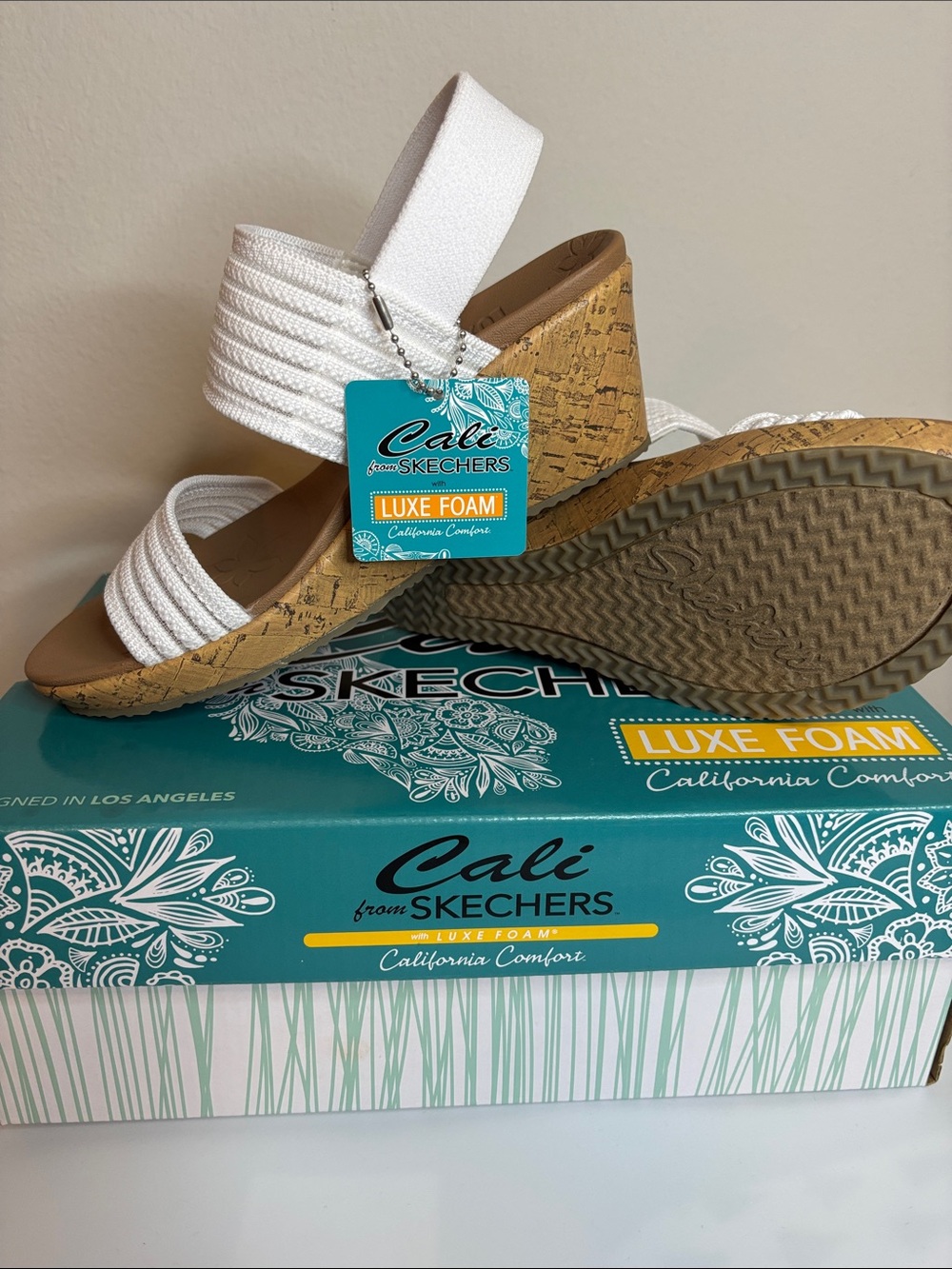 Skechers White Elastic Strap Cork Wedge Sandals Size 5.5 NWT - Picture 3 of 12